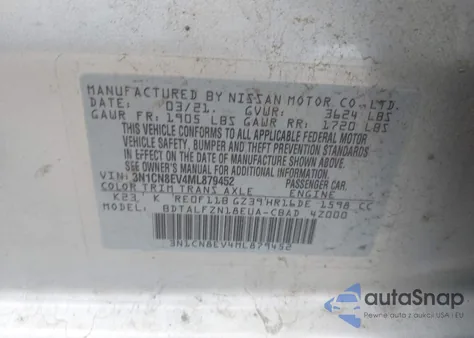 2021 Nissan Versa Sv Xtronic Cvt из США, поврежденный, VIN 3N1CN8EV4ML879452